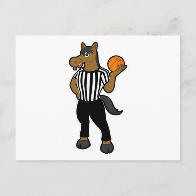 Carte Postale Cheval comme arbitre avec ballon de basket et siff (Devant)