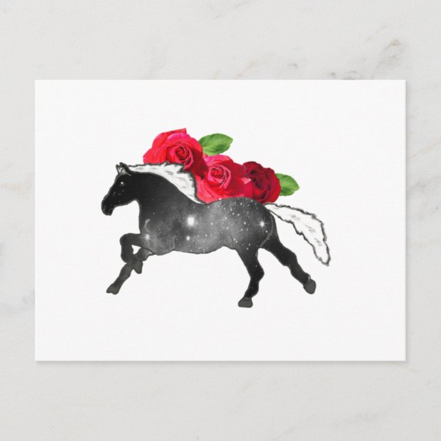Carte Postale Cheval cool Galazy Noir + Nebula blanche avec Rose (Devant)