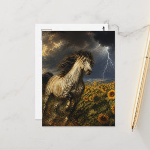 Carte Postale cheval dans un champ de tournesols pendant un orag