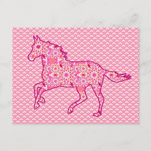 Carte Postale Cheval de course Silhouette, Fuchsia et Coral rose (Devant)