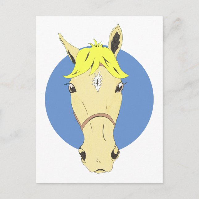 Carte Postale Cheval de dessin sur blanc et bleu (Devant)
