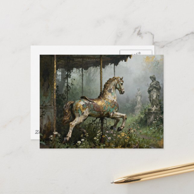Carte Postale Cheval de manège abandonné dans un jardin (Devant/Arrière en situation)
