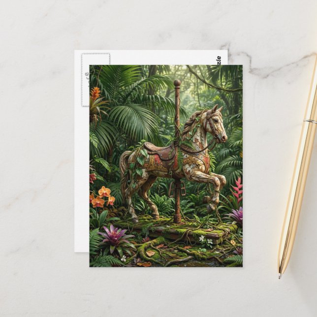 Carte Postale Cheval de manège abandonné dans une jungle (Devant/Arrière en situation)
