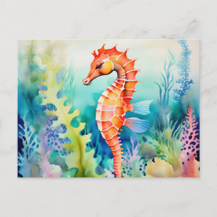 Carte Postale Cheval de mer délicat avec aquarelle Coral Reef