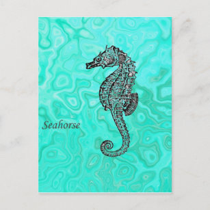 Carte Postale Cheval de mer sur Aqua Splash Motif en marbre Turq
