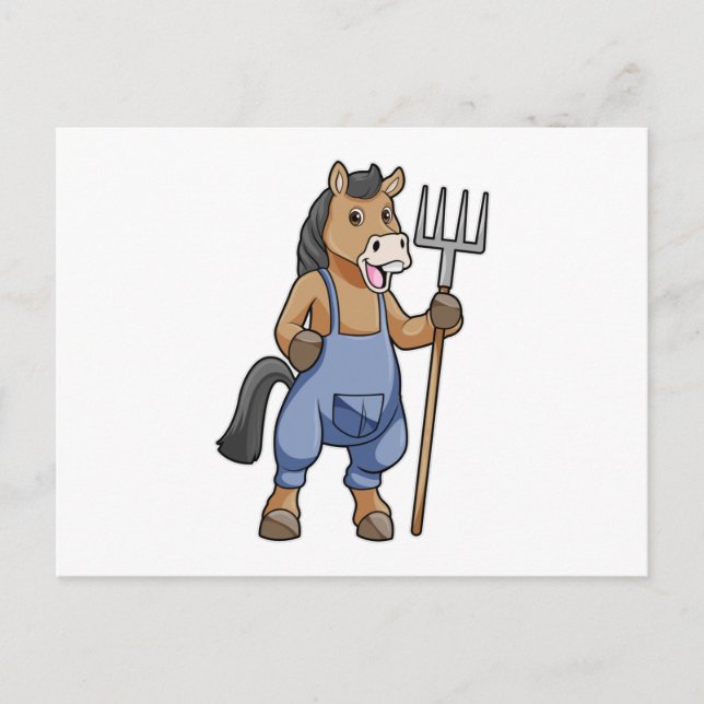 Carte Postale Cheval en fermier avec râteau (Devant)