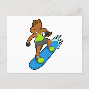 Carte Postale Cheval en snowboardeur avec planche à neige
