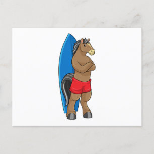 Carte Postale Cheval en Surfeur avec Planche de Surf