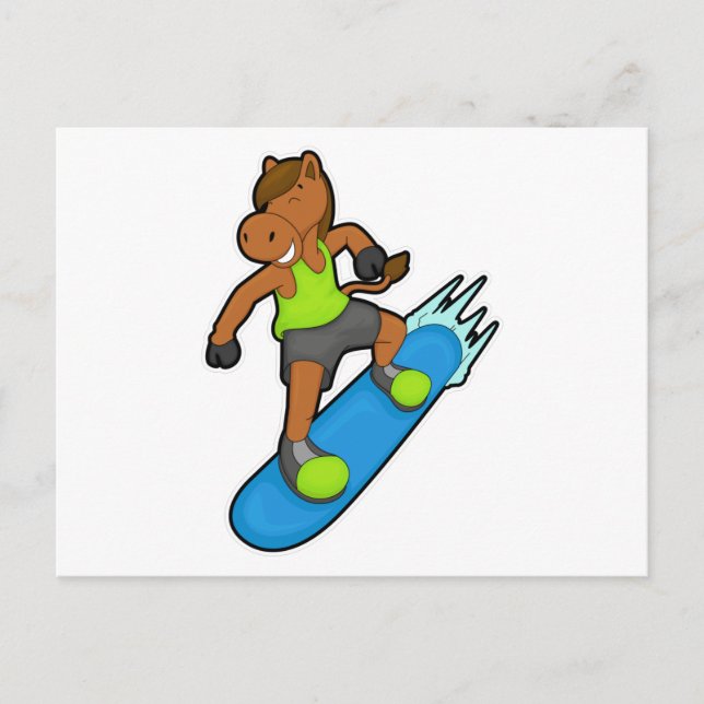 Carte Postale Cheval en tant que Snowboardeur avec Planche à Nei (Devant)