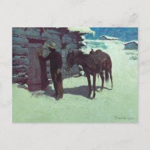 Carte Postale Cheval et Cowboy neige hivernale