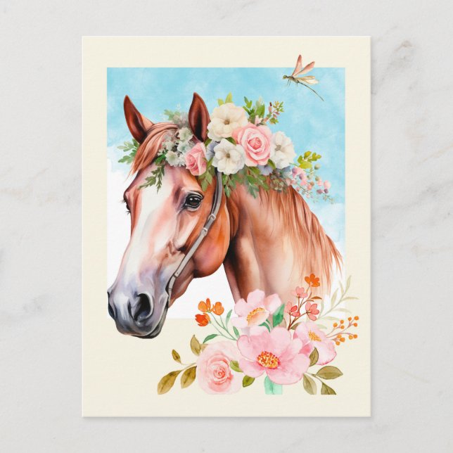 Carte Postale Cheval et fleurs à l'aquarelle (Devant)