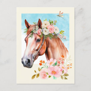 Carte Postale Cheval et Fleurs aquarelles