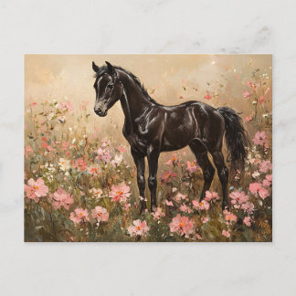 Carte Postale Cheval Foal avec Fleurs Roses Rouges