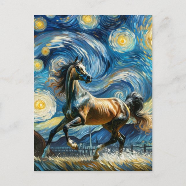 Carte Postale Cheval gris Arabian à Van Gogh Starry Nuit (Devant)