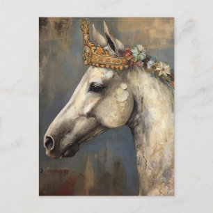 Carte Postale Cheval gris mignon dans une couronne et des fleurs