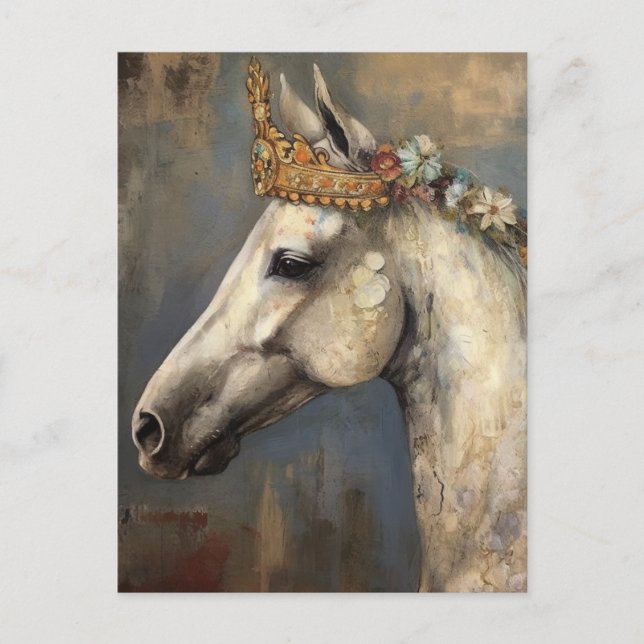Carte Postale Cheval gris mignon dans une couronne et des fleurs (Devant)