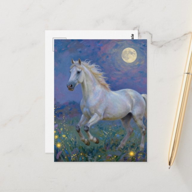 Carte Postale Cheval gris sous la pleine lune  (Devant/Arrière en situation)