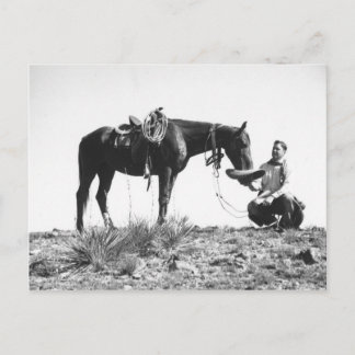 Carte Postale Cheval mangeant du casquette d'un cowboy.