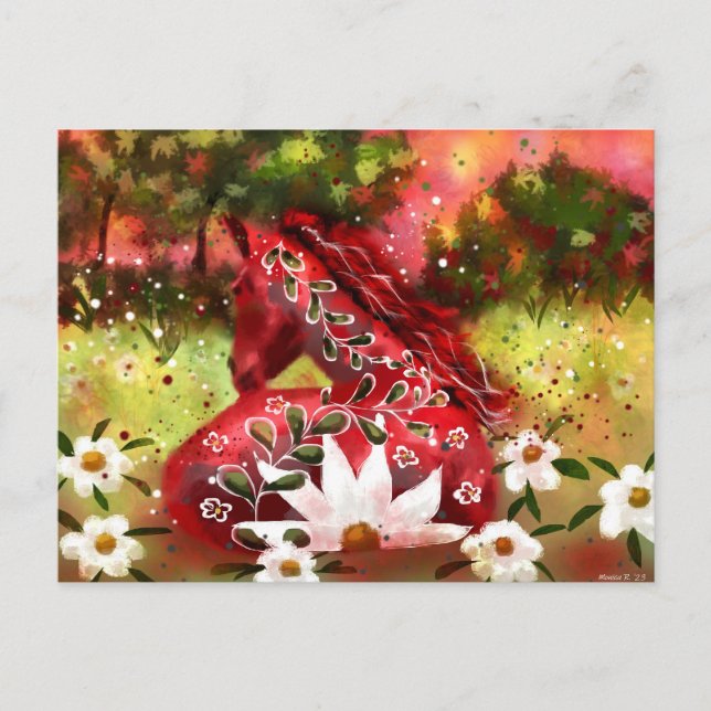 Carte Postale Cheval marguerrier Art Abstrait Rouge Blanc Vert F (Devant)