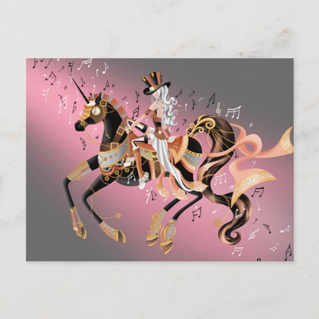 Carte Postale Cheval mécanique Steampunk & Lady café or (Devant)