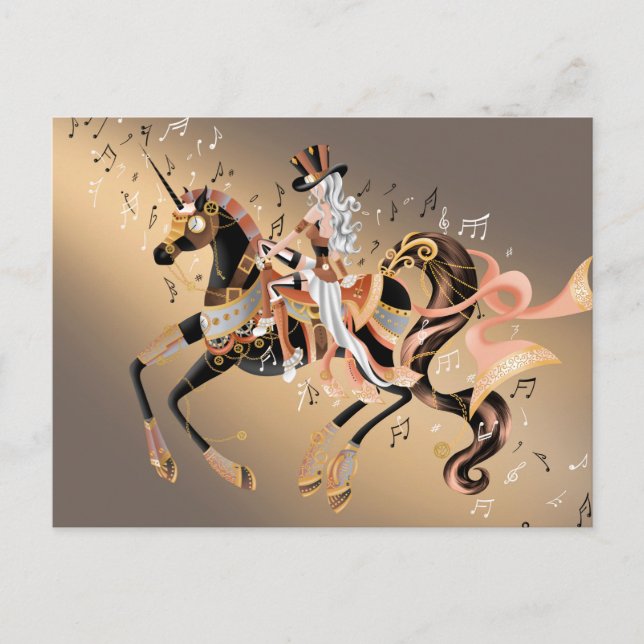 Carte Postale Cheval mécanique Steampunk & Lady café or (Devant)