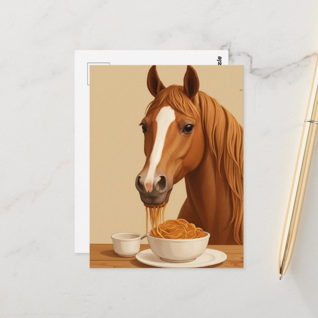 Carte Postale cheval mignon mangeant des spaghetti (Devant/Arrière en situation)