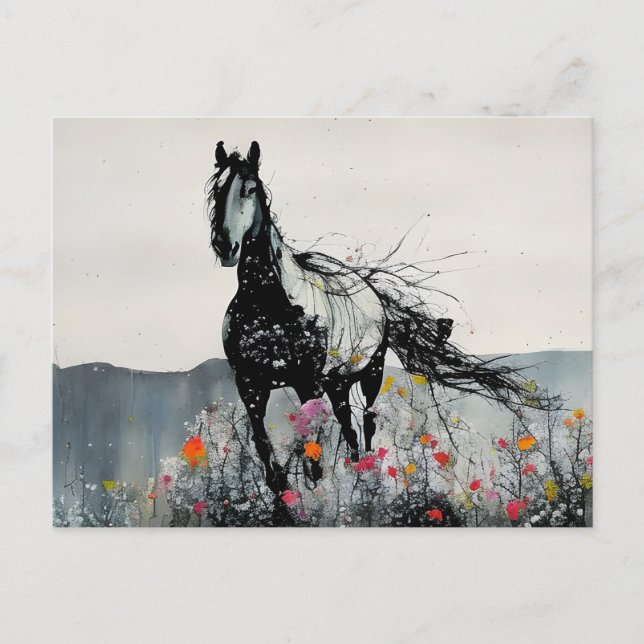 Carte Postale Cheval noir dans les fleurs sauvages (Devant)