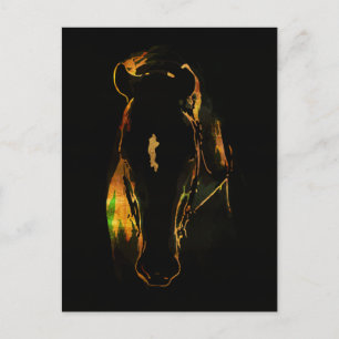 Carte Postale Cheval noir de couleurs or et cuivre rouge