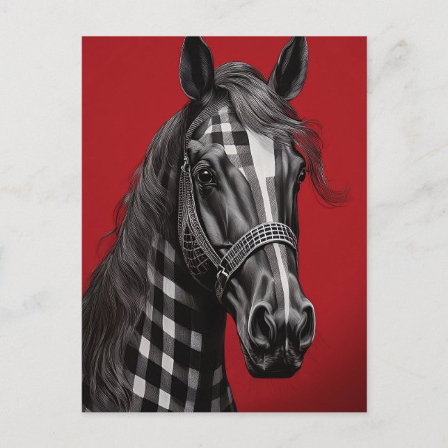 Carte Postale Cheval noir en plaid (Devant)