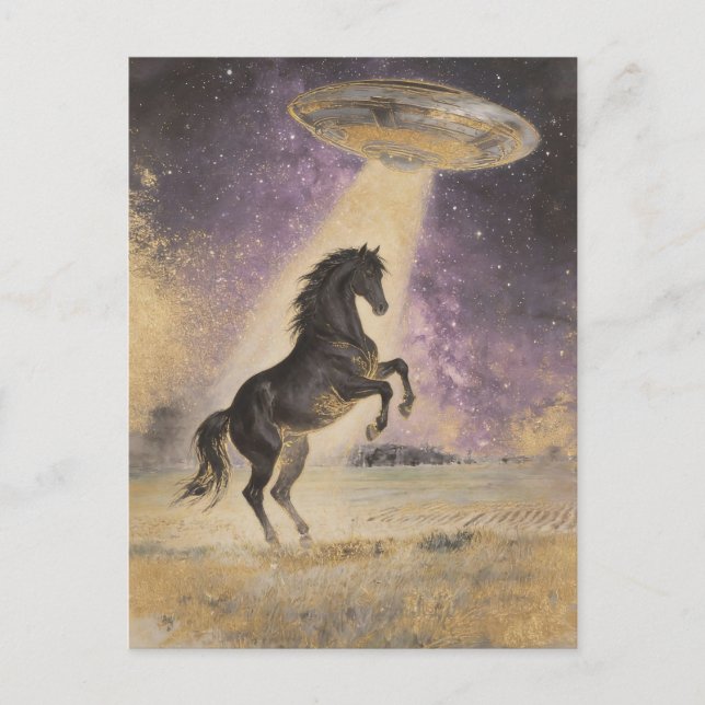 Carte Postale Cheval noir et OVNI (Devant)