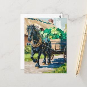 Carte Postale Cheval noir tirant une charge de Shamrocks