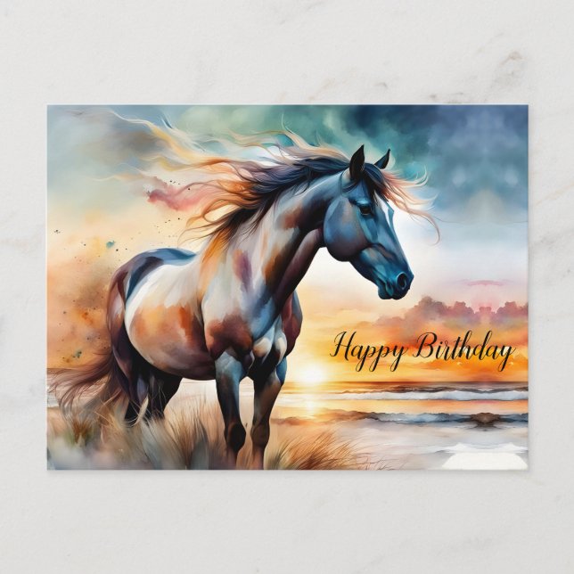 Carte Postale Cheval sauvage sur dune herbeuse au coucher du sol (Devant)