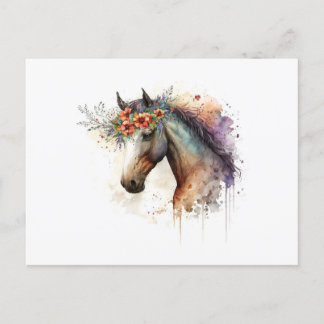 Carte Postale Cheval visage avec couronne de fleurs