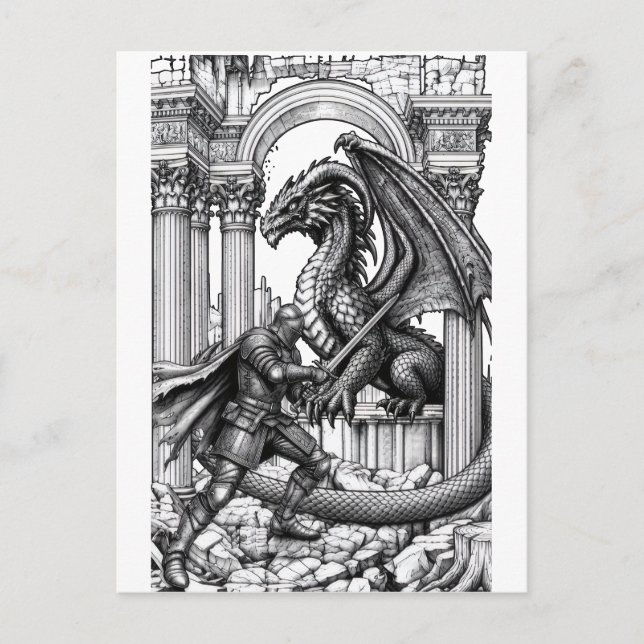 Carte Postale Chevalier épique vs Fantasy Dragon (Devant)