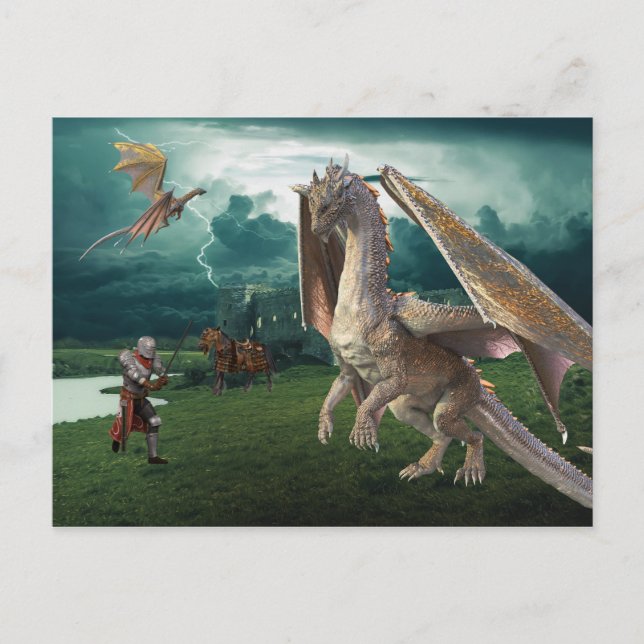 Carte Postale Chevalier Médiéval Dragon de Bronze Bataille Fanta (Devant)