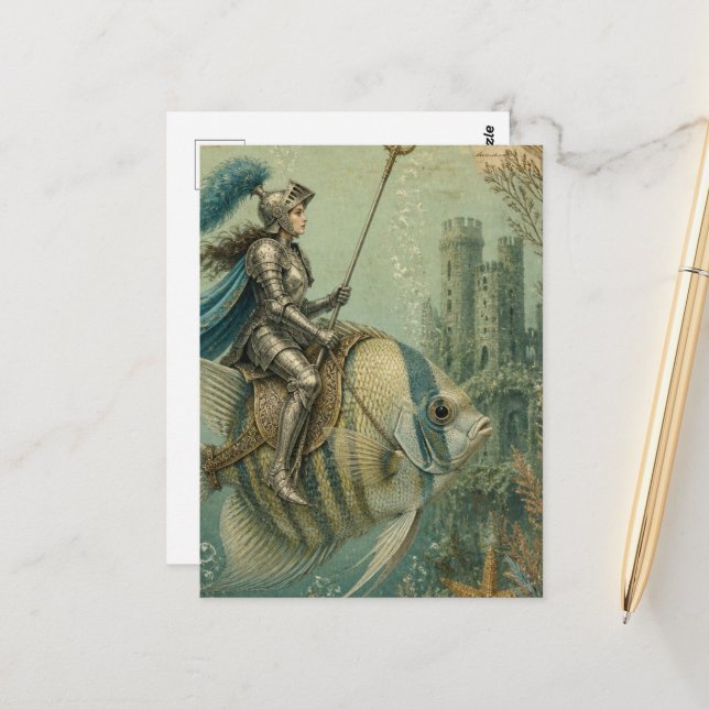 Carte Postale Chevalier Poisson Ange Drôle (Devant/Arrière en situation)