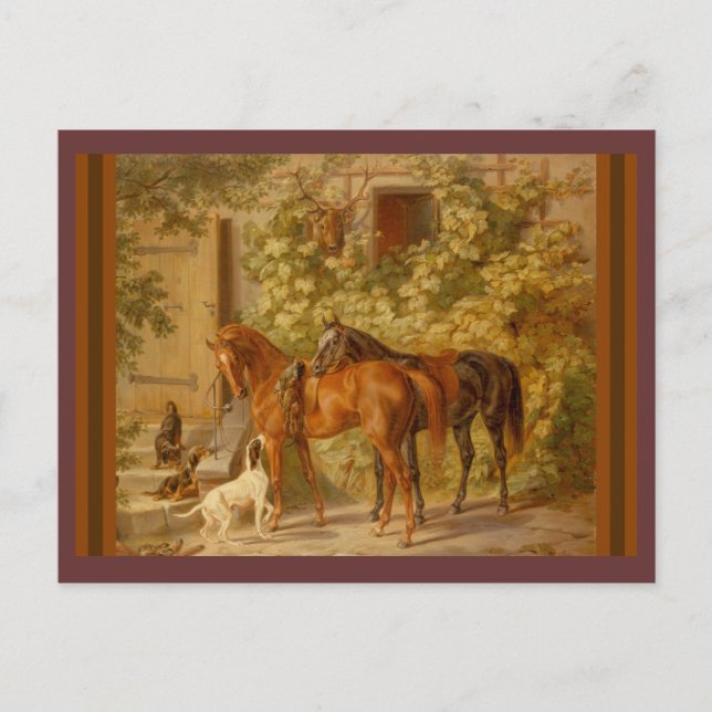Carte Postale Chevaux et Chiens dans le triage stable (Devant)
