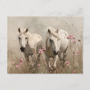 Carte Postale Chevaux gris Fleurs roses Peinture à l'huile