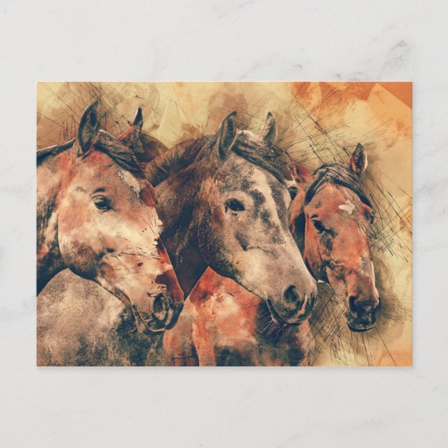 Carte Postale Chevaux Peinture d'aquarelle artistique (Devant)