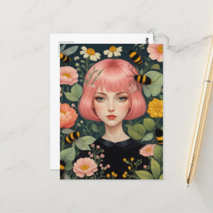 Carte Postale Cheveux roses Abeilles et fleurs de miel