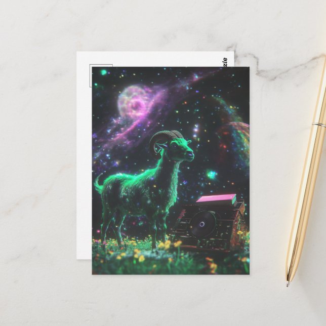 Carte Postale Chèvre de science-fiction dans l'espace avec fanta (Devant/Arrière en situation)
