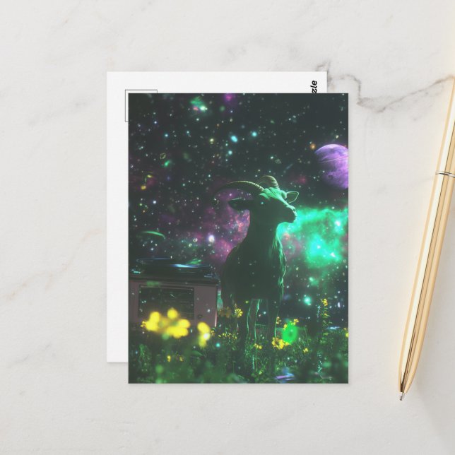 Carte Postale Chèvre de science-fiction dans l'espace avec fanta (Devant/Arrière en situation)