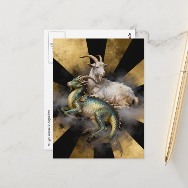 Carte Postale Chèvre et dragon de fantaisie  (Devant/Arrière en situation)