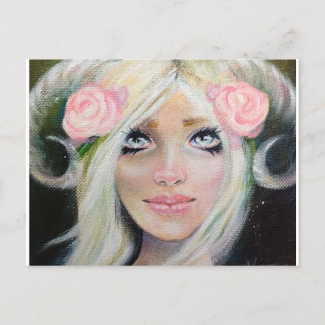 Carte Postale Chèvre fille ~ Blonde fille avec cornes de chèvre (Devant)