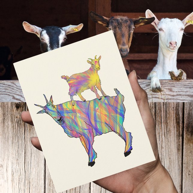 Carte Postale Chèvres Psychédéliques Colorées Agritourisme Anima (Cute goats standing on things colorful farm animal art watercolor postcard)