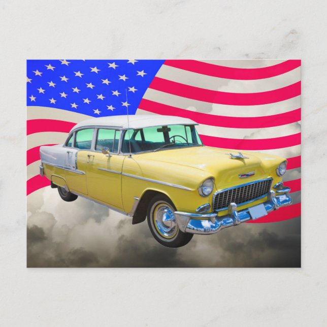 Carte Postale Chevrolet Bel Air 1955 Avec Drapeau Américain (Devant)