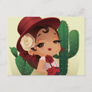 Carte Postale Chibi flamenco en espagnol casquette et cactus