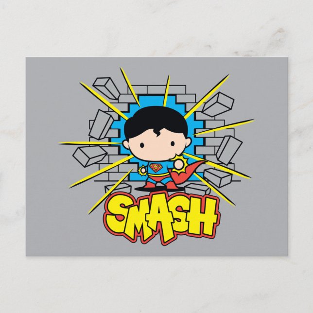 Carte Postale Chibi Superman Frappant À Travers Un Mur De Brique (Devant)
