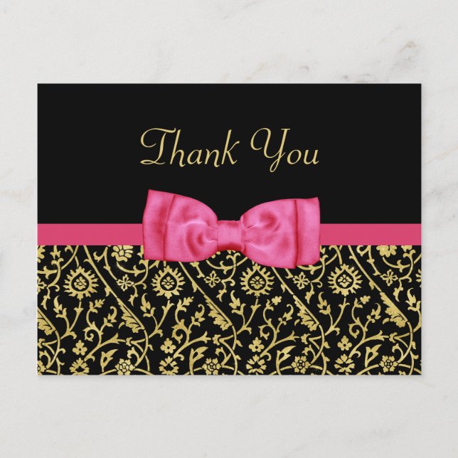 Carte Postale Chic Black Gold Floral Damask Pink Bow Merci (Devant)