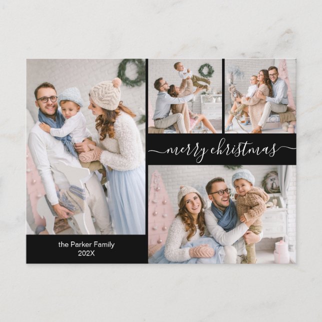 Carte Postale Chic Black Gold Script 5 photos de Noël multiples (Devant)